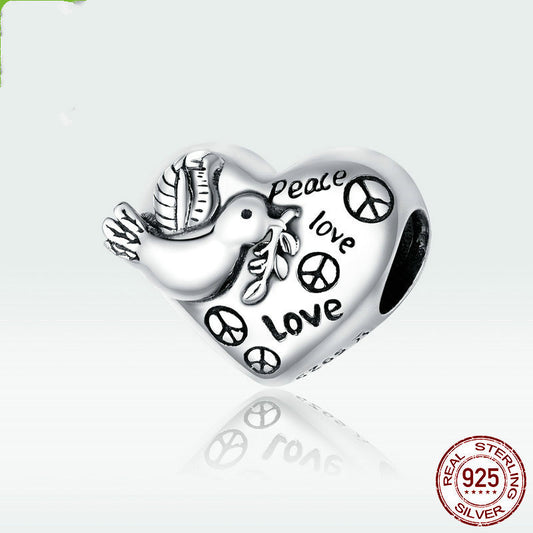 Peace Dove Heart Charm — Sterling Silver Bracelet Bead