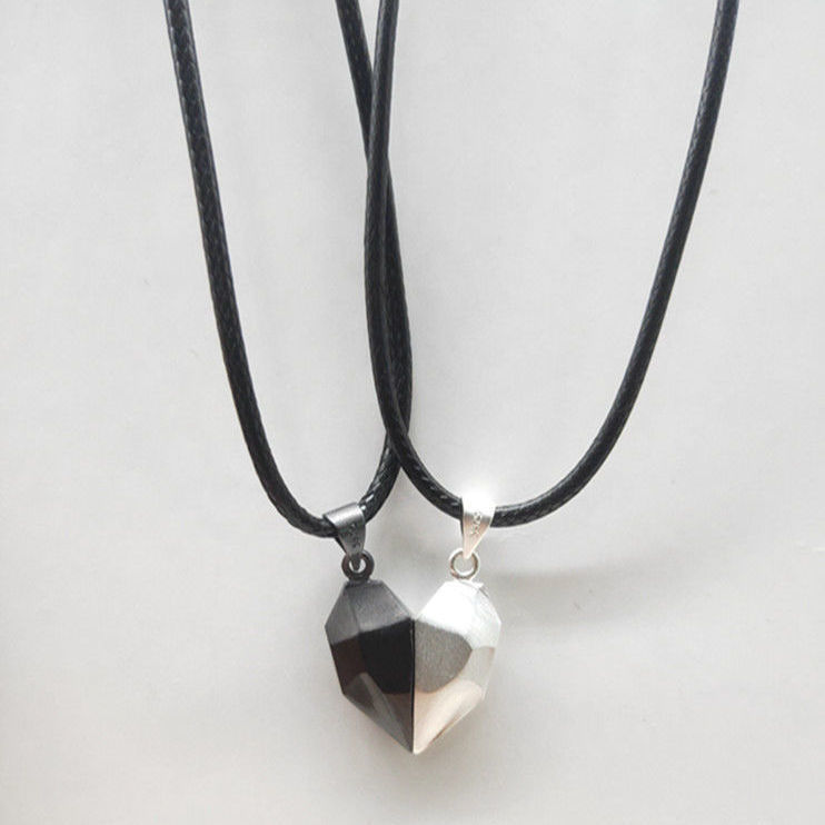Heart-Shaped Magnetic Couple Necklace – Black & Silver Pendant Set Aura Rene