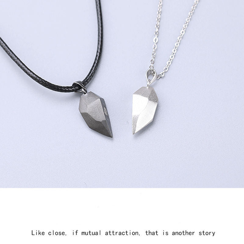 Heart-Shaped Magnetic Couple Necklace – Black & Silver Pendant Set