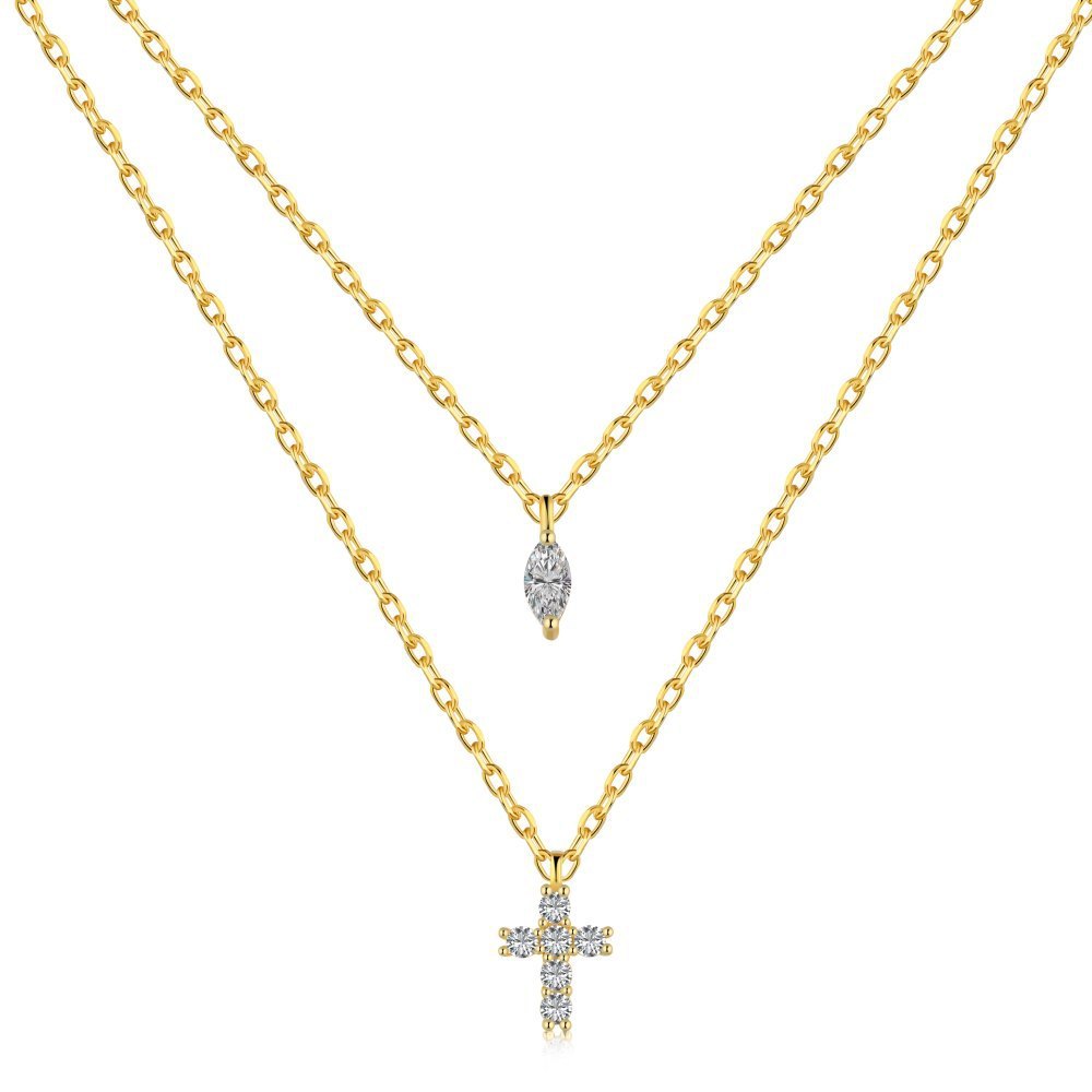 Layered Crystal Cross Necklace — Sterling Silver Double Chain Elegance