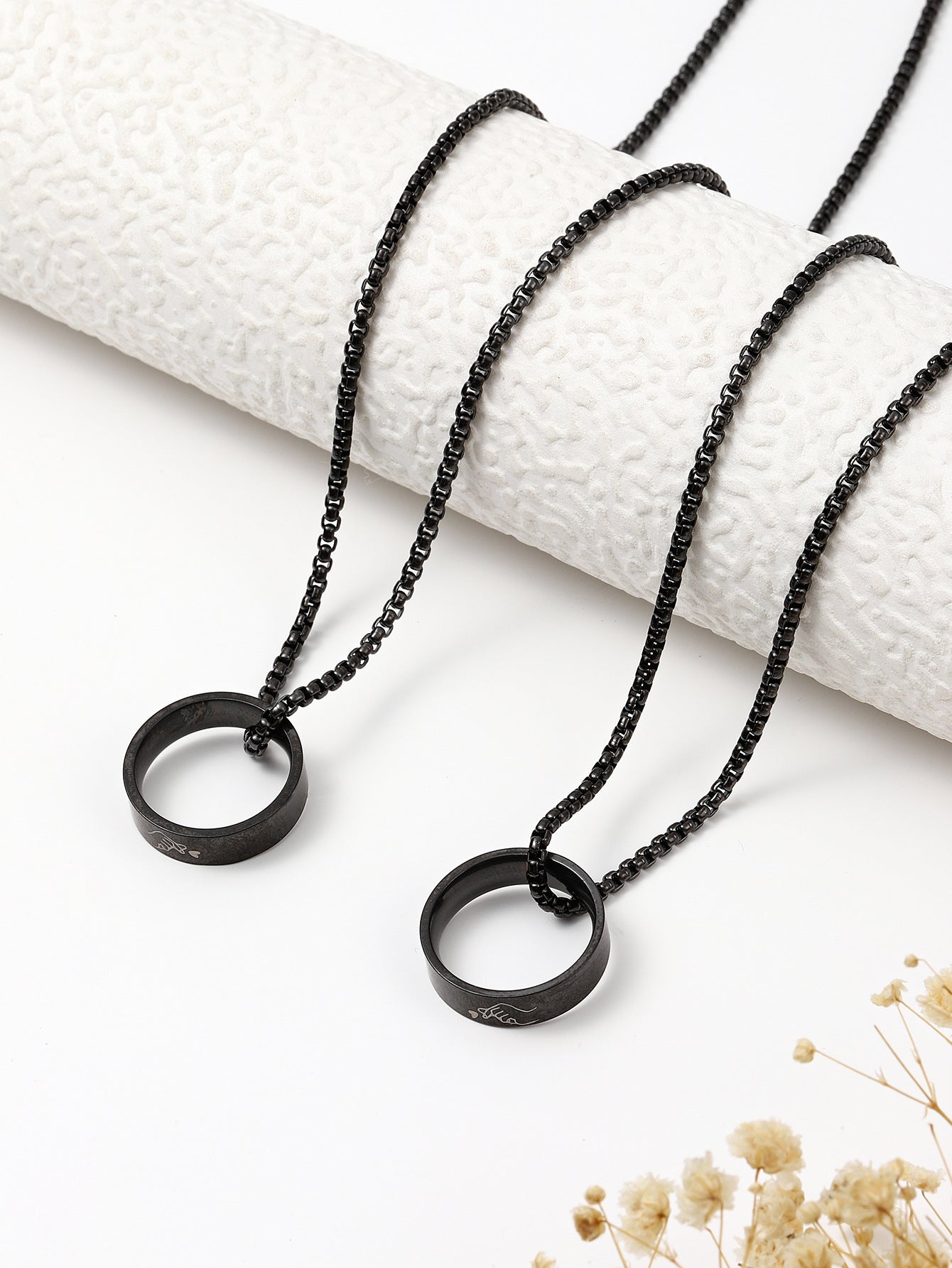 Engraved Stainless Steel Ring Necklace Set for Couples Aura Rene