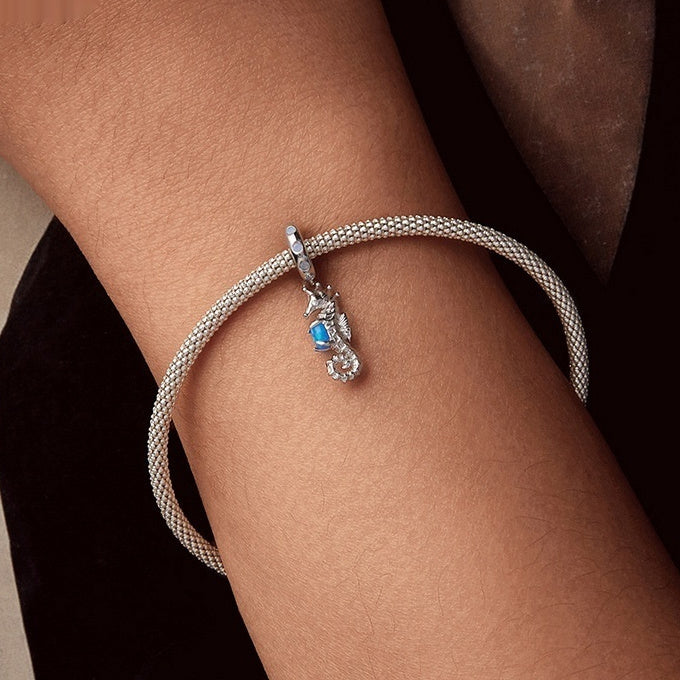 Ocean Spirit Seahorse Charm — Sterling Silver and Blue Crystal Pendant