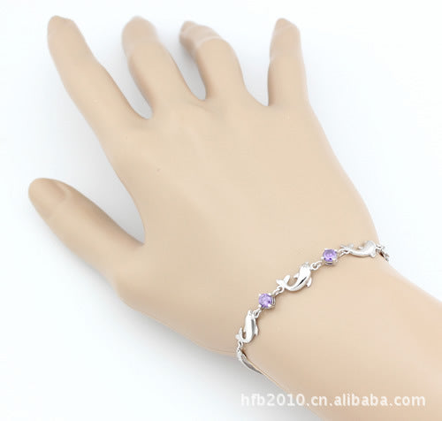 925 Sterling Silver Bracelet Wholesale, Dolphin Amethyst Bracelet, Women's Short Silver Jewelry Aura Rene