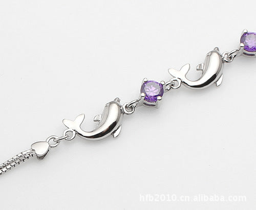925 Sterling Silver Bracelet Wholesale, Dolphin Amethyst Bracelet, Women's Short Silver Jewelry Aura Rene