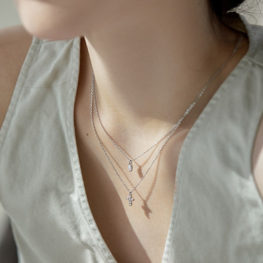 Layered Crystal Cross Necklace — Sterling Silver Double Chain Elegance