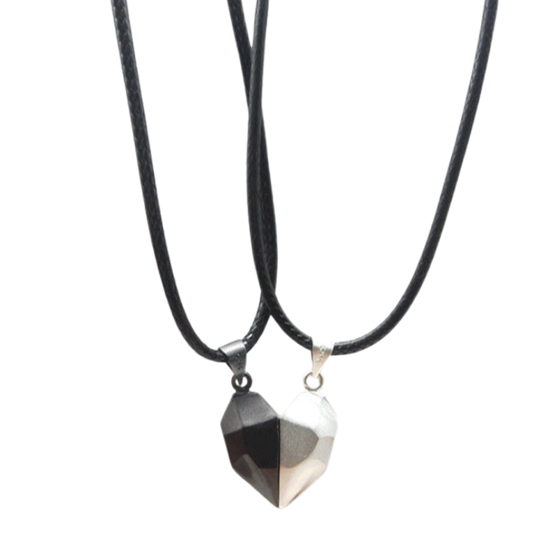 Heart-Shaped Magnetic Couple Necklace – Black & Silver Pendant Set Aura Rene