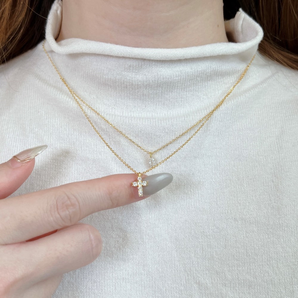 Layered Crystal Cross Necklace — Sterling Silver Double Chain Elegance