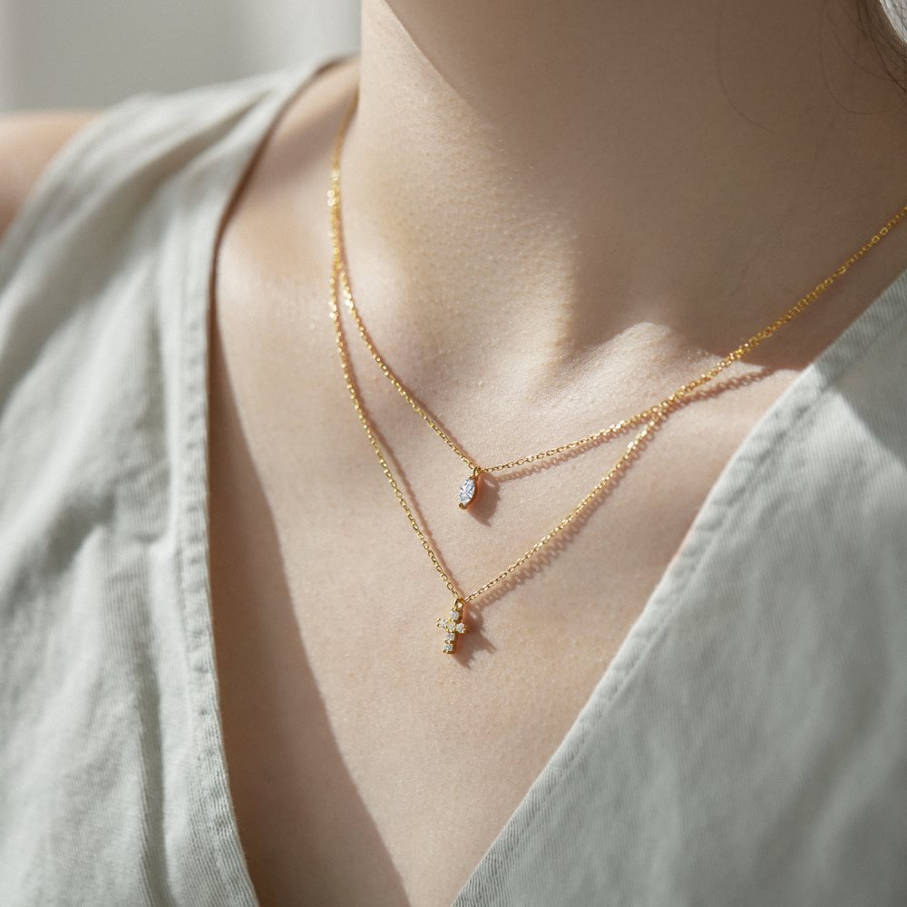 Layered Crystal Cross Necklace — Sterling Silver Double Chain Elegance