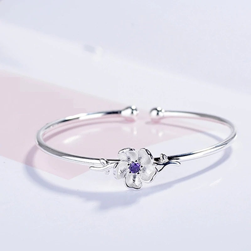 Sakura Cherry Blossom Bracelet — Sterling Silver Floral Bangle