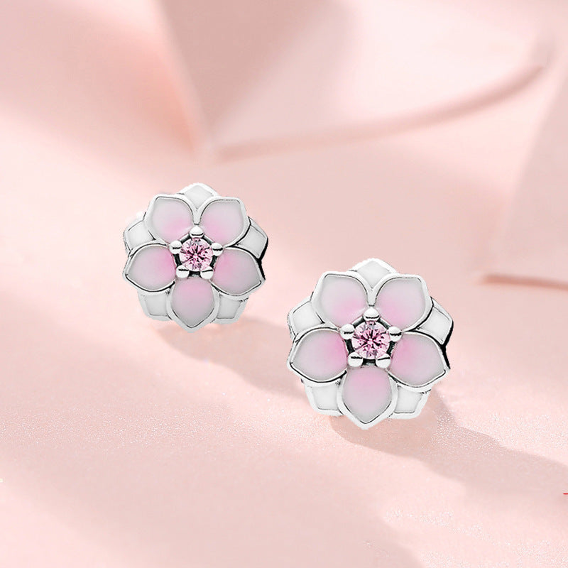 Eternal Magnolia Flower Earrings — Pink Enamel & Sterling Silver