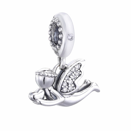 Silver charm with a design of a shoe and a glass of wine on a white background