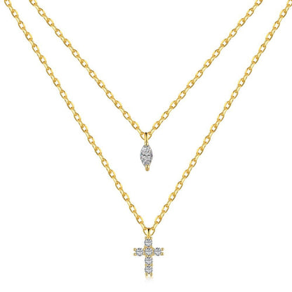 Layered Crystal Cross Necklace — Sterling Silver Double Chain Elegance