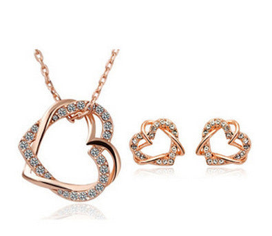 Double Heart Crystal Necklace and Earrings Set