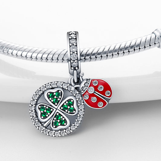 Ladybug and Clover Drop Charm — Sterling Silver Enamel Design