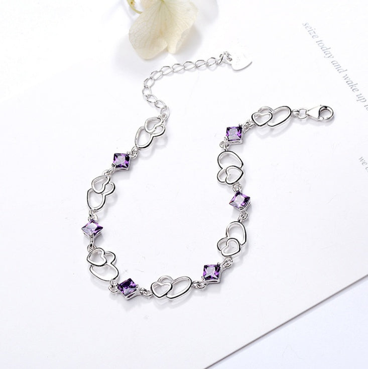 S925 Linked Hearts & Lavender Crystal Bracelet alternate