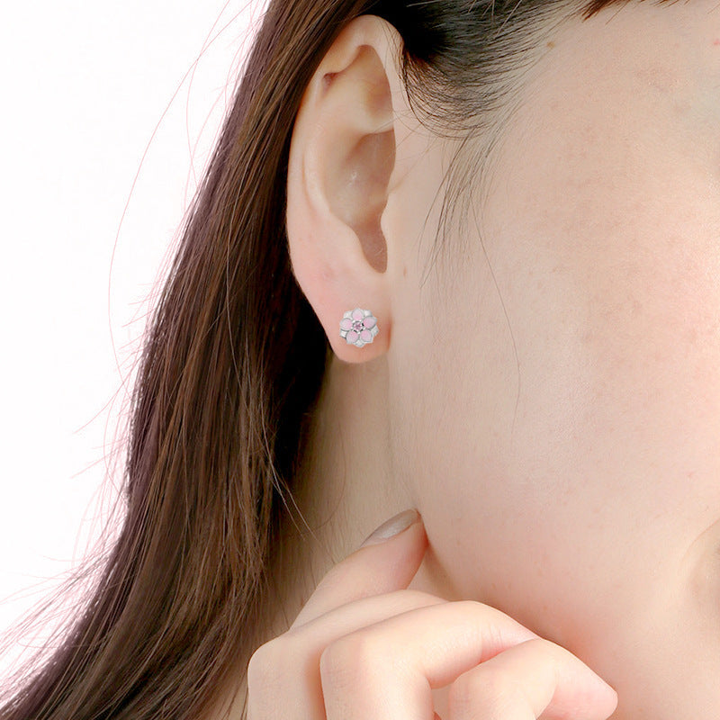 Eternal Magnolia Flower Earrings — Pink Enamel & Sterling Silver