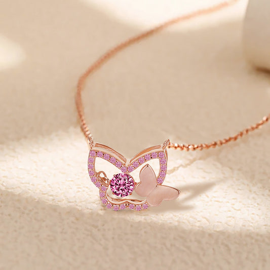 Rose Gold Butterfly Necklace — Sterling Silver Pink Crystal Pendant