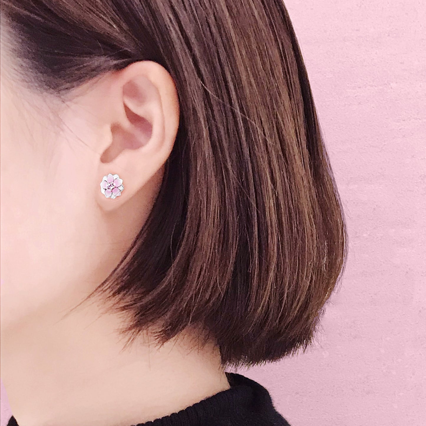 Eternal Magnolia Flower Earrings — Pink Enamel & Sterling Silver