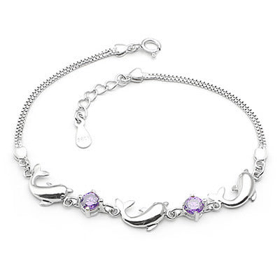 925 Sterling Silver Bracelet Wholesale, Dolphin Amethyst Bracelet, Women's Short Silver Jewelry Aura Rene