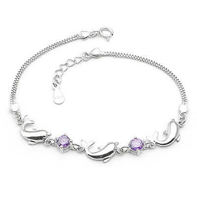 925 Sterling Silver Bracelet Wholesale, Dolphin Amethyst Bracelet, Women's Short Silver Jewelry Aura Rene