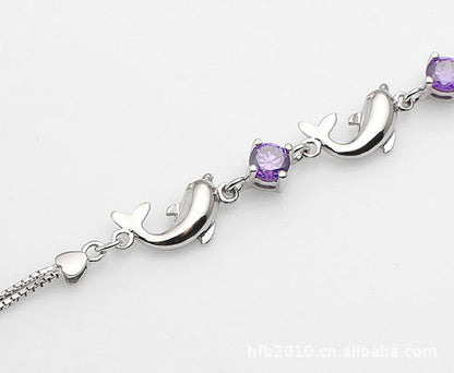 925 Sterling Silver Bracelet Wholesale, Dolphin Amethyst Bracelet, Women's Short Silver Jewelry Aura Rene