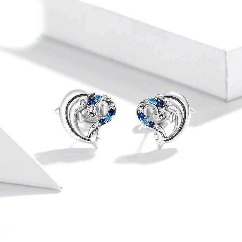 S925 Blue Crystal Dolphin Stud Earrings alternate