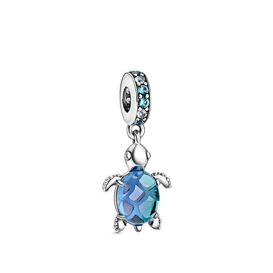 Blue Sea Turtle Charm — Sterling Silver Glass Shell Bead