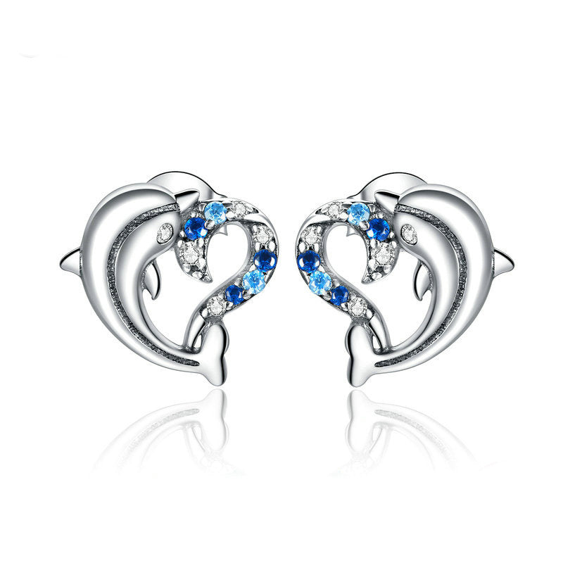 S925 Blue Crystal Dolphin Stud Earrings