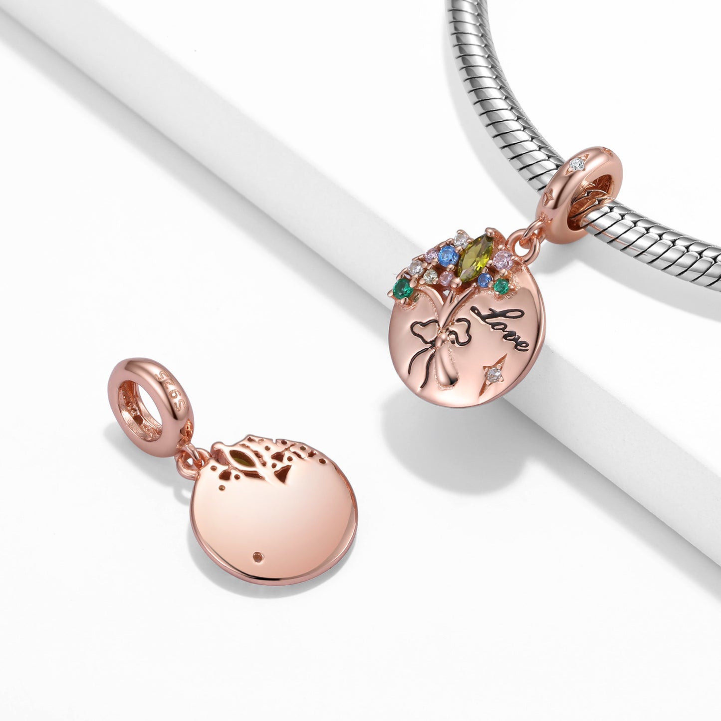 S925 Rose Gold Floral Crystal Charm