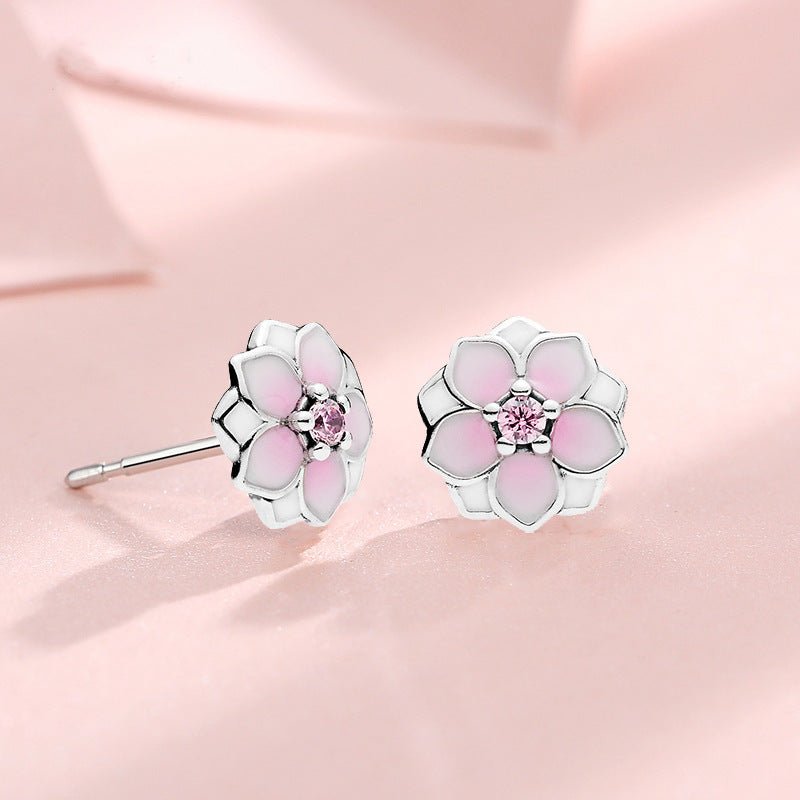 Eternal Magnolia Flower Earrings — Pink Enamel & Sterling Silver