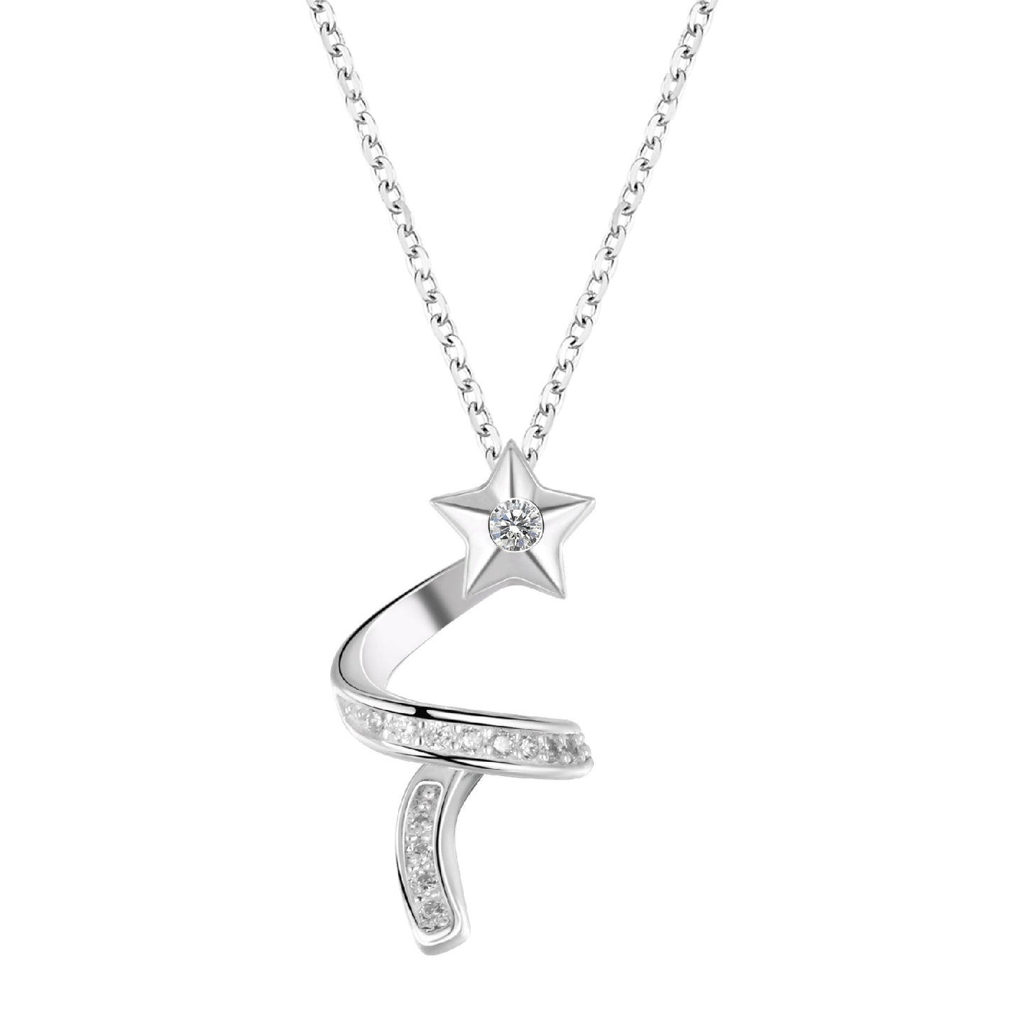 Silver necklace with a star-shaped pendant on a white background