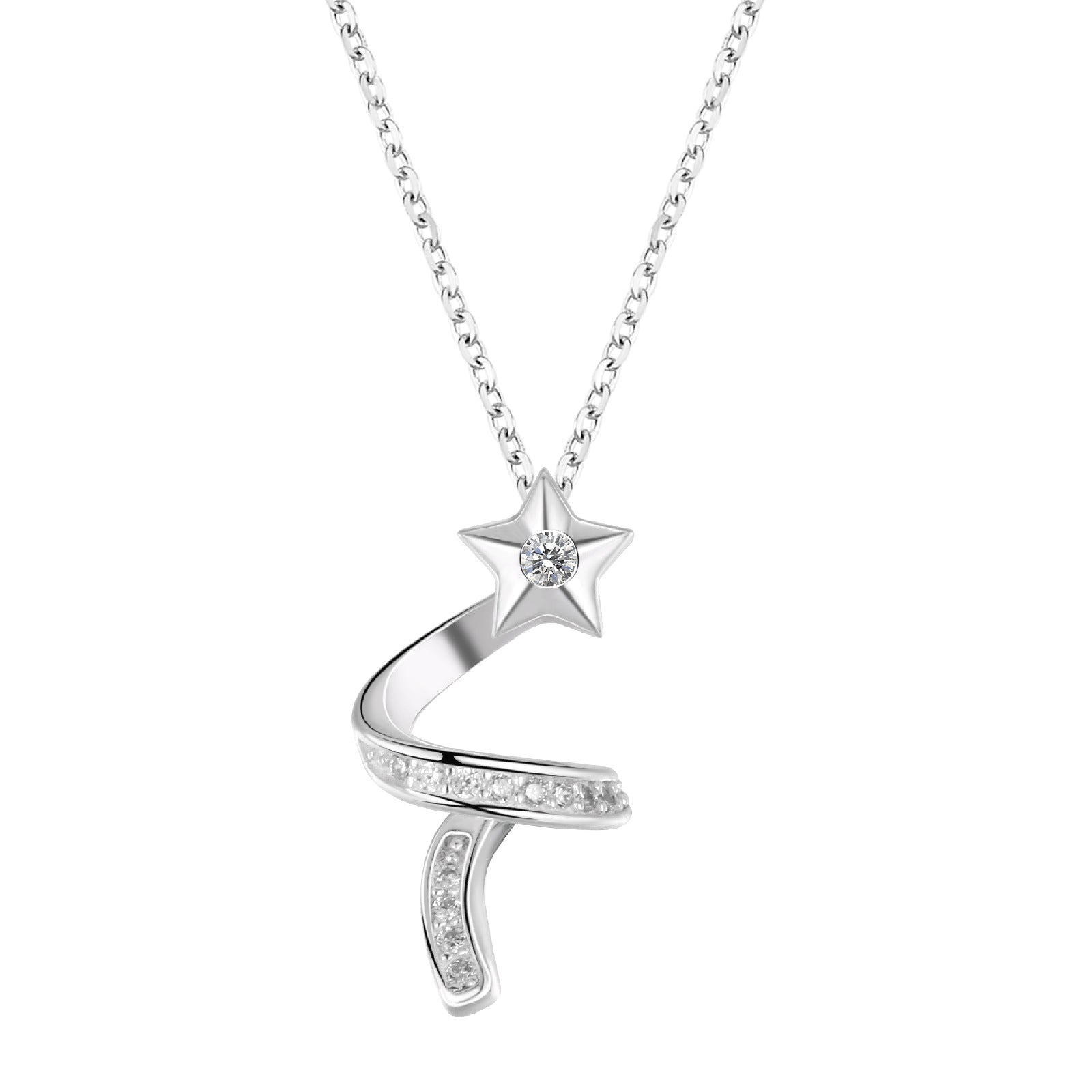 Silver necklace with a star-shaped pendant on a white background